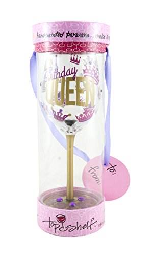 Top Shelf “Birthday Queen” Decorative Wine Glass ; Funny Gifts For Women ; Hand Painted Purple And Gold Design ; Unique Red Or White Wine Glasses #TOP3