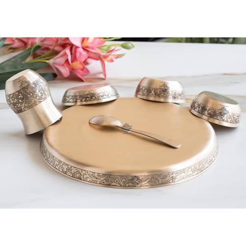 Image of Indian Art Villa Bronze 6 Pcs Thali Set with Matt Embossed Design, Traditional Bronze Dinner Thali for Indian Meals, Festive Dining & Heritage Gifting, 11.5 Inch