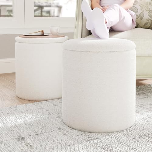 Cmishe Ottoman Poufs with Storage, 14" H Soft Teddy Fleece Upholstered Vanity Stool,Multifunctional Ottomans Wood Tray Lid Coffee Table Padded Seat Foot Rest for Living(White) by Cmishe - Image 7