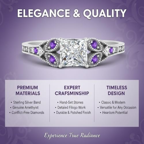 Image of Choose Your Gemstone Split Band Antique Ring Sterling Silver Princess Shape Side Stone Engagement Rings Minimal Modern Design Birthday Wedding Gift US Size 4 to 12