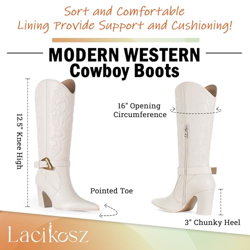 Western Cowboy Boots for Women - Knee High Calf Cowgirl Boots with Classic Embroidered with Gold Buckle, Slip On Pointed Toe Chunky Heel Fashion Retro Classic Faux Leather Pull On Tall Boot2