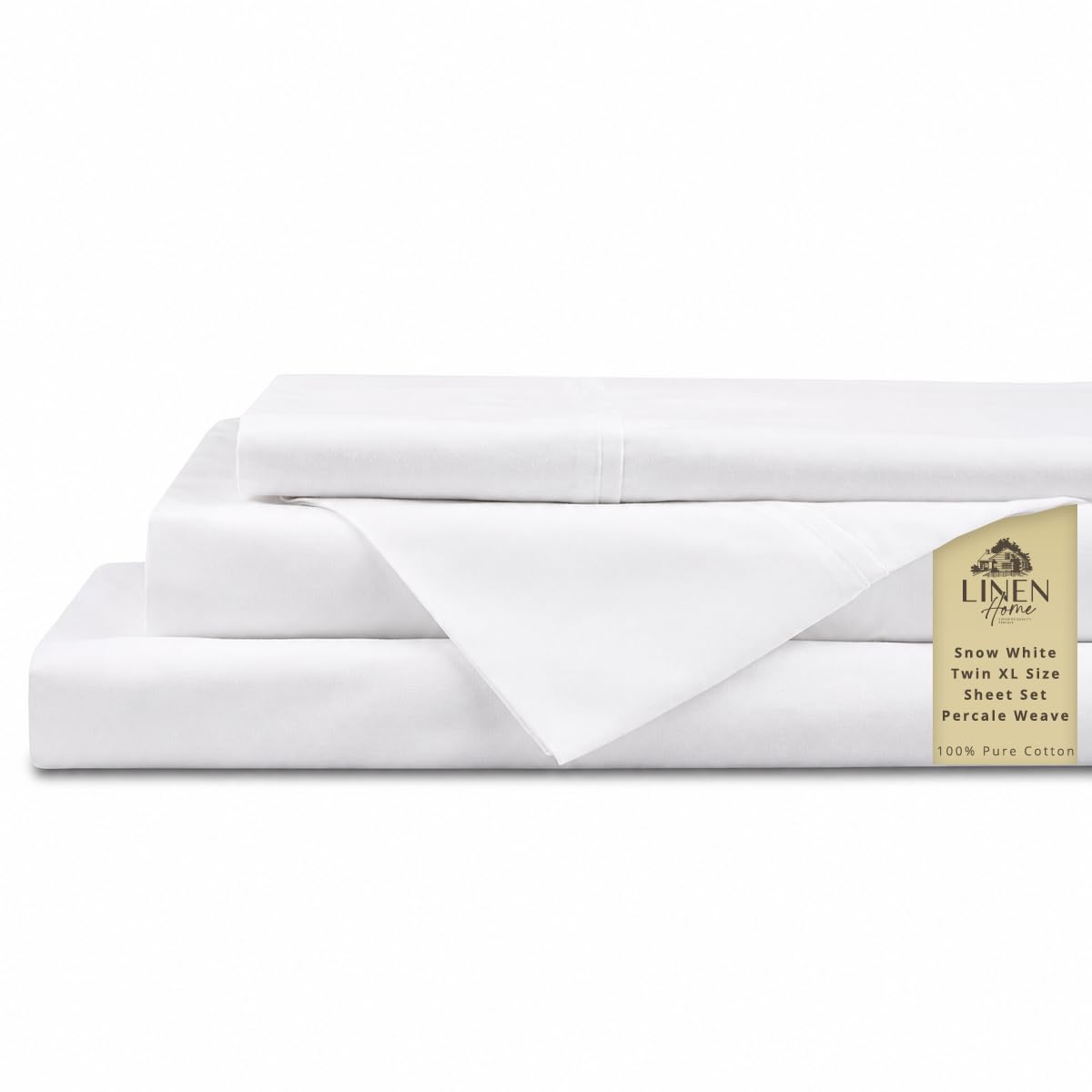 Linen Home 100% Cotton Percale Sheets Twin XL Size, Snow White, Deep Pocket, 3 Pieces Set- 1 Flat, 1 Fitted and 1 Pillowcase, Crisp Cool and Long Staple Strong Bed Linen