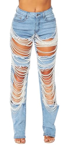 Recious Womens Sexy Ripped Distressed Destroyed Rhinestones Pearls Chain Party Clubwear Denim Pants Jeans