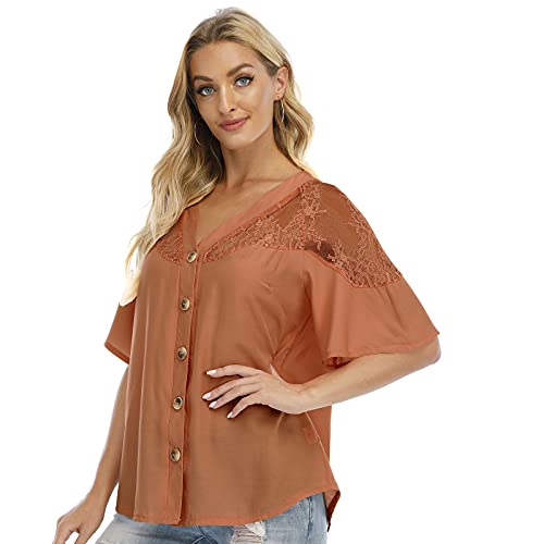 Anbenser Women's V Neck Lace Blouses Crochet Bell Sleeve Button Down Flowy Elegant Casual T Shirts Chiffon Velentine's Day Tops (Camel, 2X-Large)
