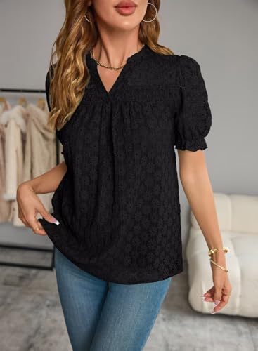 Tops For Women 2025 Boho Floral Short Puff Sleeve Shirts Summer Flowy V Neck Casual Lace Blouses3