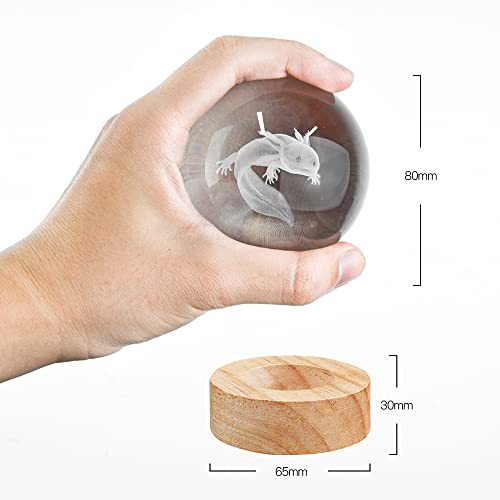 Image of 3D Axolotl Crystal Ball Night Light with 16 Color LED Wooden Base, Upgraded 3.15 Inch Axolotl Glass Ball Lamp with Remote Control Cool Desk Decor Gifts for Kids Girls Boys Friends Fans