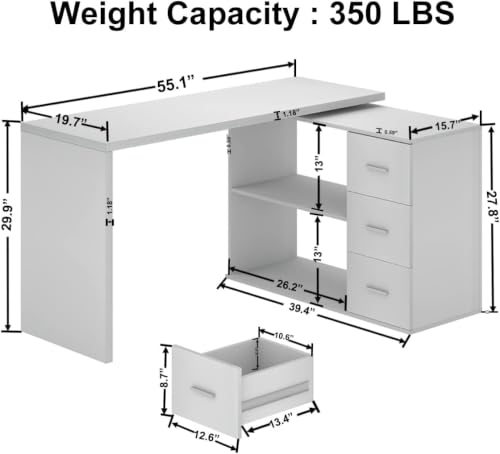 Image of HSH White L Shaped Computer Corner Desk with 3 Storage Drawers 55 inch
