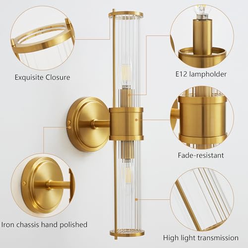 Image of Brushed Gold Wall Sconces Set of 2, Modern Bathroom Vanity Light Fixture with Clear Glass Shades, Hardwired Brass Wall Mounted Lamp for Over Mirror, Hallway, Bedroom (E12 Bulbs Not Included)