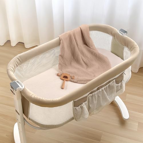 Image of lulumoon Muslin Bassinet Sheets 3Pack: Fitted Most Bedside Sleeper Mattress | Soft Cotton Bassinet Mattress Sheets for Baby - 33x21 inch Flexible Fit for Baby Delight Dream on Me and Other Rectangle pads