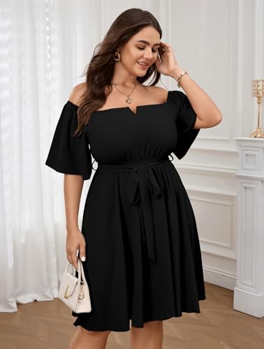 Image of SCOMCHIC Womens Plus Size Cocktail Dress Summer Off Shoulder Short Sleeve Flowy Ruffle A-Line Cute Mini Dress with Belt
