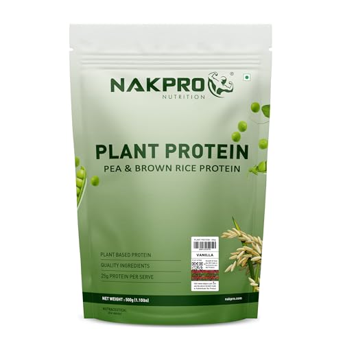 Image of NAKPRO NUTRITION Plant Protein Powder (Pea & Brown Rice Protein), Vanilla - 500g | 25.2g Protein| All Essential Amino Acids