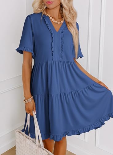 Image of Dokotoo Womens Summer Dresses 2026 V Neck A Line Short Sleeve Casual Ruffle Babydoll Mini Dress
