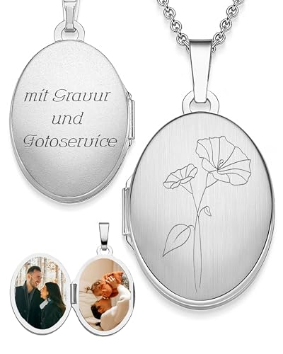 Amoonìc Medaillon Silber 925 oval mit Geburtsblume Prunkwinde Geburtsmonat September | Foto Amulett Anhänger antik vintage | personalisierte Halskette Damen