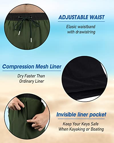 Bocacue Mens Swimming Trunks With Compression Liner 2 In 1 Quick Dry Beach Shorts With Pockets, Swim Trunks Men (Army Green, Large) #TOP4