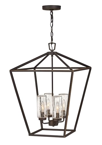 Alford Place  Large Outdoor Open Single Tier Chandelier - Die Cast Aluminum Frame, Colonial-Style Candelabra, Clear Seedy Glass Shades - Oil Rubbed Bronze - Hinkley 2567OZ