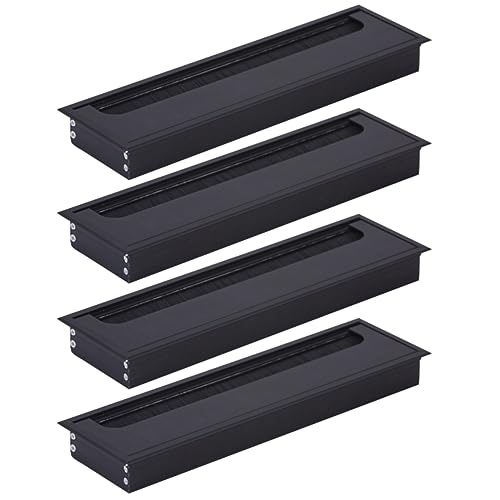HOOZ 4X Kabeldurchführung Schreibtisch, 280mm Aluminium Kabeldurchlass mit Bürstendichtung, Kabeldurchführung Tisch für Tisch Büro Arbeitsplatten, Kabelkanal für Möbel und Schreibtisch (Rechteckig)