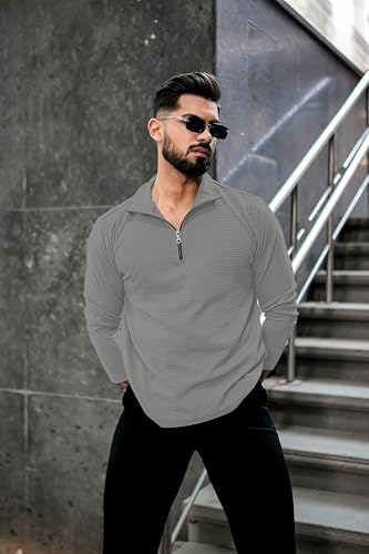 Image of KAJARU Men's Quarter Zip Pullover T-Shirt, Textured Ribbed Long Sleeve, Casual Mock Neck