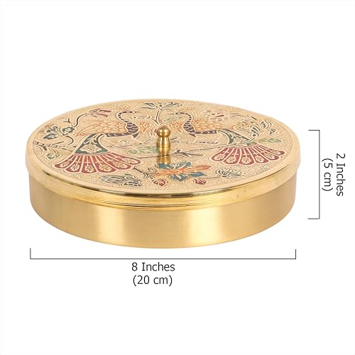 Image of Two Moustaches 8 Inches Twin Peacock Carved Brass Spices Box Set, Brass Masala Box for Kitchen, Housewarming Gifts, 7 Containers & 1 Spoon, Multicolored, Pack of 1