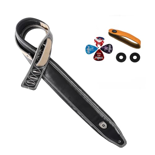 Full Grain Cowhide Leather Guitar Strap Thickened Air Cushion Top Leather Padded Strap for Acoustic Electric Guitar Bass (Y-024 Black)