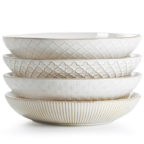 getstar Pasta Bowls, Large Salad Serving Bowls (9.2 inch/42 oz), Ceramic Bowl Plates Set of 4, Farmhouse Embossments, Microwave and Dishwasher Safe by getstar - Used condition - US$34.96