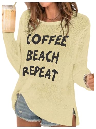 Image of Verdusa Women's Beach Cover Up Sweaters Letter Print Long Sleeve Crochet Crew Neck Knit Sweater Summer Tops