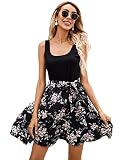 SheIn Damen Geblümt Sommerkleid A-Linie Tank Kleid U-Ausschnitt Bohokleid Trägerkleid mit Gürtel Schwarz S