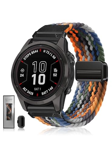 Quickfit 22mm 26mm Watch Band - Compatible with Garmin Fenix 8 47mm 51mm/Fenix 7/7X/6/6X/5/5X, Magnetic Clasp Braided Stretchy Nylon Sport Strap for Men and Women, Multiple Colors