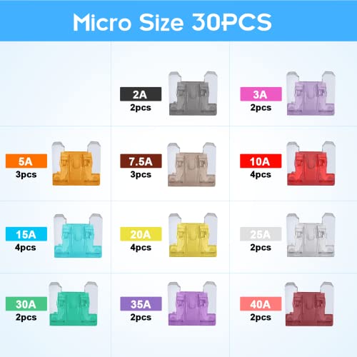Kit de 60 fusibles para automóvil (30 mini + 30 micro) con 11 calibres: 2 A, 3 A, 5 A, 7.5 A, 10 A, 15 A, 20 A, 25 A, 30 A, 35 A y 40 A – Marca Jorest miniatura 2