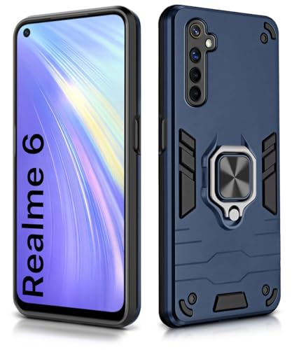 Image of WOW IMAGINE Shock Proof Back Case Mobile Cover for Realme 6 | Back Cover Case (Tough Armor | Hybrid PC + TPU | Ring Holder & in-Built Kickstand | Blue)