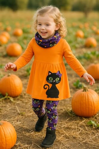 Image of Unique Baby Girls Kids Toddler 3pc Outfit Set Long Sleeve Lightweight Tunic Top Leggings and Scarf