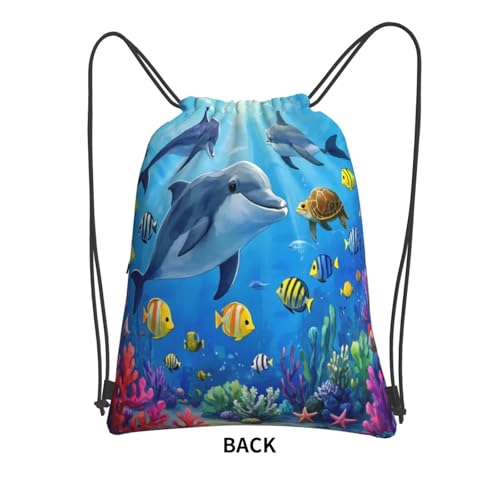 Colorful Underwater Dolphins Blue Gym Drawstring Bags Stylish String Bag Beach Backpack For Sport3