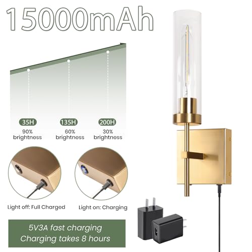 Image of Wireless Sconces,Battery Operated Wall Sconce 15000mAh 3000K Infinitely Dimmable with Remote Control Endurance 200 Hours Fast Charging,Wall Sconce for Bedroom Living Room Hallway