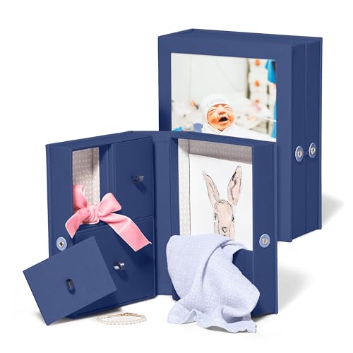 Image of Small Keepsake Box and Fabric Photo Frame - Memory Box for Wedding, Travel and Convocation - Keepsake Storage Box for Couples to Save Memories (Blue with Neutral Interior)