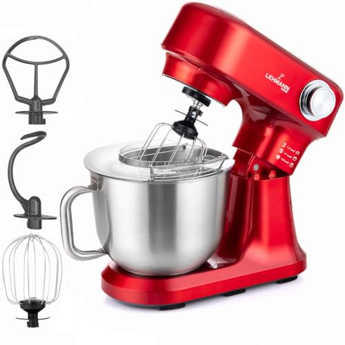 LEHMANN Impastatrice Planetaria con 12 Velocità, Ciotola 5 L, Accessori - Frusta, Gancio Impastare e Mescolatore, ideal Impastatrice per Pizza, Pane e Dolci, Rosso