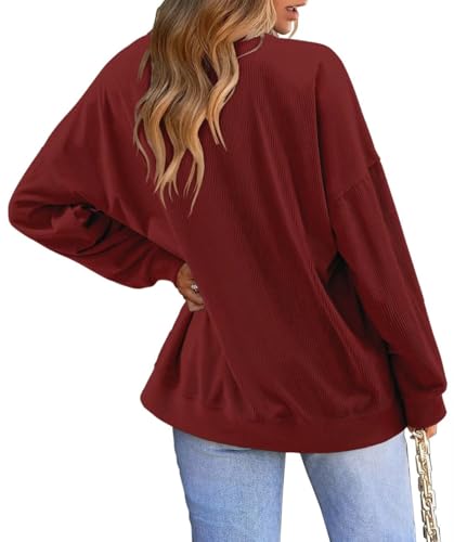 KISSMODA Women's Casual Long Sleeve Sweatshirt Color Block/Solid Crewneck Corduroy Pullover Cute Tops