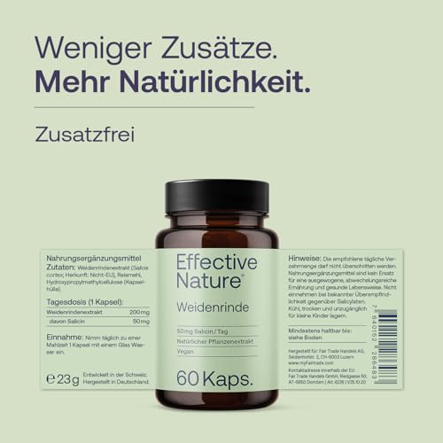 Weidenrinde-Kapseln - 60 Kapseln für 2 Monate - 200 mg Weidenrindenextrakt - Natürlicher Pflanzenextrakt - Mit 50 mg Salicin - 100% natürlich