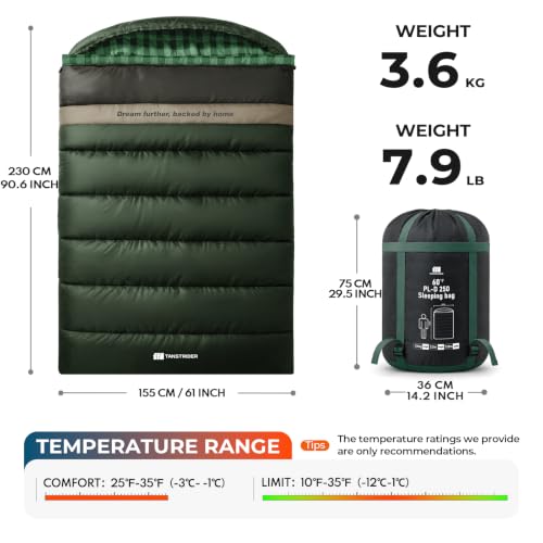 Bolsa de dormir de franela de algodón, 35-60°F XXL para 2 personas, para clima frío, impermeable con bolsa de compresión para senderismo, caza y viaje miniatura 2