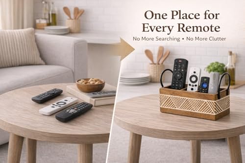 Image of Craft Expertise 3Compartment Remote Control Holder Stand for TV & AC - Wooden & Iron Remote Organizer for Table, Sofa & Bedside | Rustic Brown Decorative Remote | (11 x 4 x 4 Inches)