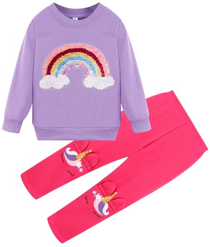 Image of Little Girls 2 Piece Outfits Ruffle Sleeve Unicorn Sweatshirts Top and Leggings Set School Outfits Kids Clothing Set