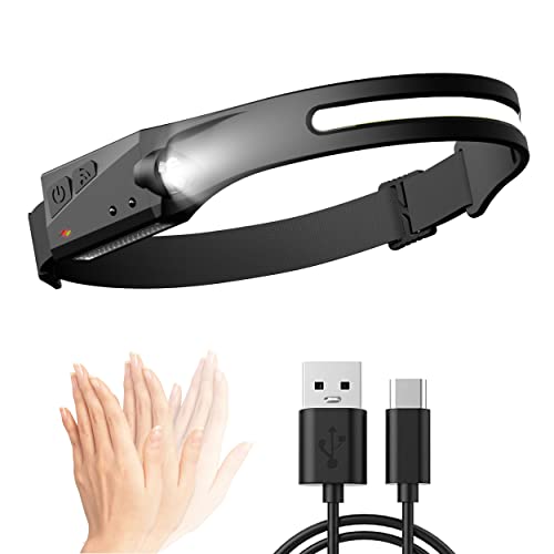 ytorgr Stirnlampe LED Wiederaufladbar,USB Kopflampe LED Wasserdicht Superheller Stirnlampen Sensor 230 °Headlamp Beleuchtung 5 Lichtmodi Kopflampe für joggen Wander Laufen Angeln Cover