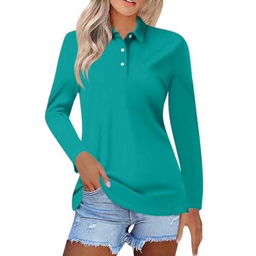 Women Casual Golf Tennis Polo Shirts UK Long Sleeve Button up Collared Cotton Lightweight Moisture Wicking T-Shirt 2025 Trendy Autumn Winter Cozy Tops Sky Blue