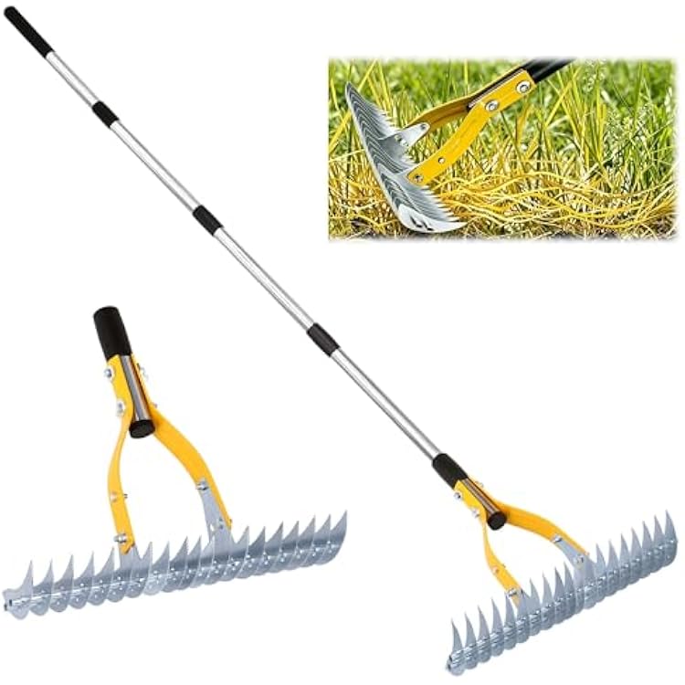Thatch Rake 15 Inch Wide Efficient Dethatcher Rake for Cleaning Dead Grass, Combs Turf & Loosens Soil, Steel Metal Grass Rakes with Stainless Steel Handle Versatile Leveler &Cleans for Garden