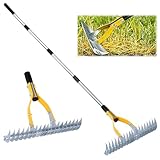 KLDOLLAR Thatch Rake 15 Inch Wide Efficient Dethatcher Rake for Cleaning Dead Grass, Combs Turf & Loosens Soil, Steel Metal Grass Rakes with Stainless Steel Handle Versatile Leveler &Cleans for Garden