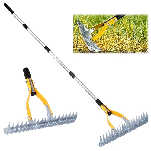 KLDOLLAR Thatch Rake 15 Inch Wide Efficient Dethatcher Rake for Cleaning Dead Grass, Combs Turf & Loosens Soil, Steel Metal Grass Rakes with Stainless Steel Handle Versatile Leveler &Cleans for Garden