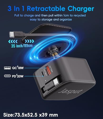 Image of 40W Retractable Wall Charger, 3 in 1 Retractable Phone Charger Wall Plug with Dual USB Ports,Fast USB C Chargers Block for iPhone 17 16 15 14,Galaxy S23 22,LG,Pixel