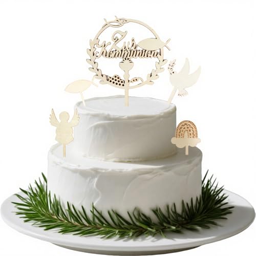 Déco Baptême 5 Pièces - Cake Topper en Bois pour Gâteau de Baptême avec Arc-en-Ciel, Ange, Colombe de la Paix, Bible avec Croix et Chapeau Baptismal, Pour Filles et Garçons
