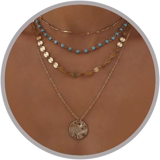 Boho Necklaces for Women Layered Turquosise Beaded Necklace Western Jewelry for Women Cowgirl Cowboy Country Necklace Sequin Coin Necklaces Country Concert Accessories Bohemian Boho Western Jewelry