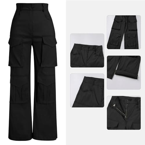 Satin Cargo Pants for Women Wide Leg Casual High Waisted Pants Multi Pockets Straight Y2K Trousers4