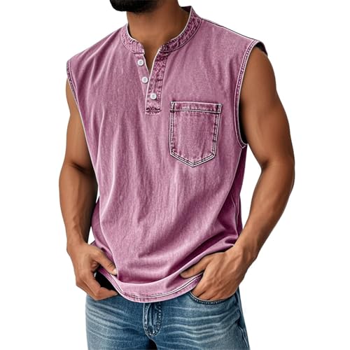 Tank Tops Men Big and Tall Henley Shirts Sleeveless Muscle Gym Workout Running Beach Summer Vintage Button Up Biker Tee Vest(A09 Pink,3X-Large)