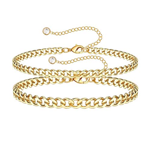 M MOOHAM Cuban Chain Link Chain Bracelets for Women, 14K Gold Plated Dainty Layered Bracelets for Women Girls Gold Cuban Chain Bracelet Men Gold Jewelry Gift